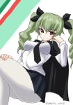  1girl anchovy breasts cape drill_hair girls_und_panzer green_hair hair_ribbon legs_crossed long_hair looking_at_viewer miniskirt necktie nora_kuro pantyhose red_eyes ribbon school_uniform skirt smile solo twin_drills twintails white_legwear 