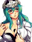  1girl arrancar black_bra bleach bra breasts cleavage facial_mark green_hair hole_in_chest jacket large_breasts long_hair nelliel_tu_odelschwanck open_clothes open_jacket sketch skull solo underwear undressing 