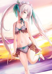  1girl beach bikini dutch_angle ere_(2516325) flower frilled_bikini frills gothic_wa_mahou_otome green_eyes hair_flower hair_ornament highres long_hair rose selene_(gothic_wa_mahou_otome) silver_hair standing standing_on_one_leg sunset swimsuit twintails white_rose 