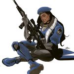  1girl alternate_costume ana_(overwatch) beret black_hair blue_jacket brown_eyes captain_amari character_name dark_skin emblem facial_mark facial_tattoo gloves gun hat holding holding_gun holding_weapon indian_style jacket lips long_hair looking_at_viewer marceline2174 nose overwatch red_lips rifle short_sleeves signature simple_background sitting smile sniper_rifle solo tattoo weapon white_background younger 