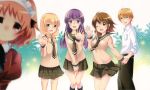  1boy 4girls :d ;d absurdres arai_cherry beige_shirt black_legwear black_necktie blonde_hair blurry blush braid breasts brown_eyes brown_hair collared_shirt depth_of_field glasses hair_between_eyes hayama_teru highres juliet_sleeves kneehighs knees_together_feet_apart long_hair long_sleeves looking_at_viewer maid maid_headdress multiple_girls necktie nishikawa_youko nose_blush odagiri_futaba official_art one_eye_closed open_mouth orange_hair photobomb pink_eyes pleated_skirt puffy_sleeves purple_hair rimless_glasses sansha_san&#039;you school_uniform serafuku shirt short_hair signature skirt smile sonobe_shino sweatdrop thigh-highs twin_braids violet_eyes waving white_shirt wing_collar yamaji_mitsugu yellow_eyes yellow_legwear 