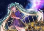  1girl 723/nanahumi :d book bracelet choker dutch_angle floating_hair green_eyes green_hair hatsune_miku jewelry long_hair looking_at_viewer night open_mouth railing smile solo thigh-highs twintails very_long_hair vocaloid white_legwear 