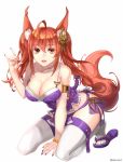  1girl aken animal_ears breasts cleavage fox_ears fox_girl fox_shadow_puppet fox_tail hair_ornament japanese_clothes long_hair looking_at_viewer open_mouth orange_eyes original simple_background smile solo tail thigh-highs white_legwear 