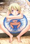  1girl absurdres barefoot bikini blonde_hair blue_eyes breasts btooom! cleavage feet fingernails highres himiko_(btooom!) innertube inoue_jun&#039;ya leaning_forward long_fingernails long_hair nail_art nail_polish navel official_art solo swimsuit toenail_polish toes 