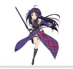  1girl black_hair boots breastplate brown_eyes detached_sleeves fingerless_gloves gloves hairband holding holding_sword holding_weapon knee_boots long_hair looking_at_viewer open_mouth pointy_ears purple_gloves simple_background solo sword sword_art_online sword_art_online:_code_register watermark weapon white_background yuuki_(sao) 