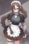  1girl apron bangs black_dress blush braid brick_wall brown_eyes brown_hair choker closed_mouth commentary_request consort_yu_(fate) dress earrings elbow_gloves fate/grand_order fate_(series) frills glasses gloves hair_between_eyes highres jewelry jonsun long_hair maid maid_apron maid_headdress puffy_short_sleeves puffy_sleeves ribbon scrunchie short_sleeves solo thigh_strap very_long_hair victorian_maid waist_apron white_scrunchie 