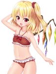  1girl :d alternate_costume bare_shoulders blush collarbone cowboy_shot crystal fang flandre_scarlet frilled_swimsuit frills groin hair_ornament hair_scrunchie halter_top halterneck highres looking_at_viewer navel open_mouth red_swimsuit scrunchie side_ponytail smile solo swimsuit touhou u2_(5798239) wings 