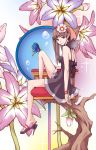  1girl black_dress brown_eyes brown_hair bubble butterfly butterfly_on_knee closed_mouth dress flower hair_flower hair_ornament hairband head_tilt highres holding holding_flower long_hair noraico original sandals sitting sleeveless sleeveless_dress solo sparkle tree_branch 