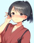  1girl alternate_hair_length alternate_hairstyle black_eyes black_hair blue_background blush collarbone commentary_request hakama hand_in_hair houshou_(kantai_collection) ichihaya japanese_clothes kantai_collection looking_at_viewer ponytail short_hair simple_background solo tasuki 