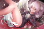  1girl :o alternate_costume angel_wings ass bare_legs bent_knees book dated feathered_wings feathers holding holding_book houdukixx kishin_sagume legs legs_up long_sleeves looking_at_viewer lying messy naked_sweater on_back red_eyes ribbed_sweater short_hair signature silver_hair single_wing solo sweater touhou white_wings wings 