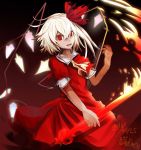  1girl blonde_hair crystal dated dress fire flandre_scarlet hair_ribbon houdukixx koumajou_densetsu koumajou_densetsu_2 laevatein looking_at_viewer open_mouth red_dress red_eyes red_ribbon ribbon short_dress signature solo touhou wings 