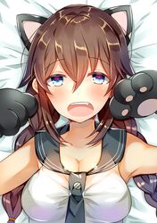  1girl animal_ears bare_shoulders bed_sheet blue_eyes braid breasts brown_hair cat_ears cleavage gloves hair_between_eyes highres kantai_collection long_hair looking_at_viewer lying nan_(jyomyon) noshiro_(kantai_collection) on_back open_mouth paw_gloves school_uniform serafuku shirt sleeveless sleeveless_shirt twin_braids upper_body 