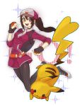  ! 10s 1girl baseball_cap blush brown_eyes brown_hair female_protagonist_(pokemon_go) fingerless_gloves gloves hat highres long_hair open_mouth pikachu poke_ball pokemon pokemon_(creature) pokemon_(game) pokemon_go ponytail simple_background sparkle teeth white_background yellowking_hiro 