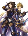  2boys armor back-to-back black_hair blonde_hair brown_gloves dutch_angle from_below gloves granblue_fantasy green_eyes holding holding_weapon lancelot_(granblue_fantasy) long_hair looking_at_viewer multiple_boys routo short_hair simple_background smile sword vane_(granblue_fantasy) weapon white_background 