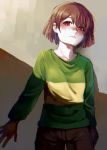  1girl androgynous artist_request brown_hair brown_shorts chara_(undertale) collarbone frown green_shirt highres hno3syo red_eyes shirt short_hair shorts solo undertale 