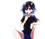  1girl absurdres alternate_costume black_hair black_shirt blush bracer contemporary highres horns kijin_seija kobashino mouth_hold multicolored_hair popsicle red_eyes redhead shirt short_hair short_sleeves shorts simple_background sitting solo streaked_hair sweat t-shirt touhou white_background 