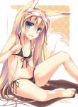  1girl animal_ears bare_shoulders barefoot bikini black_bikini blonde_hair blue_eyes blush breasts erect_nipples eyebrows eyebrows_visible_through_hair fox_ears fox_tail hair_between_eyes hair_ribbon long_hair looking_at_viewer micro_bikini navel nozomi_tsubame open_mouth original ribbon sitting small_breasts solo suzuha_(nozomi_tsubame) swimsuit tail 