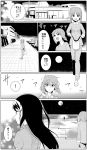  ! 2girls bag bench building comic commentary_request full_moon girls_und_panzer hand_in_hair highres long_hair long_sleeves monochrome moon multiple_girls night nishizumi_miho no_hairband ocean open_mouth pajamas reizei_mako road shoes shopping_bag short_hair short_sleeves sidewalk smile spoken_exclamation_mark street translation_request wind yawaraka_black 