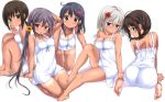  5girls :o accessory_tan akebono_(kantai_collection) all_fours alternate_costume alternate_hairstyle arm_support ass bare_shoulders barefoot black_hair blue_eyes braid breasts brown_eyes cleavage dress error feet flower from_behind fubuki_(kantai_collection) full_body green_eyes hair_between_eyes hair_flower hair_ornament hamakaze_(kantai_collection) hands_on_feet kantai_collection large_breasts long_hair looking_at_viewer mouth_hold multiple_girls nijimotohiro_k pantylines purple_hair shigure_(kantai_collection) short_dress short_hair silver_hair simple_background single_braid sitting small_breasts soles strap_slip sundress tan tanline thighs toes ushio_(kantai_collection) violet_eyes wariza white_dress yokozuwari 