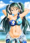  1girl armpits arms_behind_head arms_up bare_shoulders beach bikini bikini_top blue_sky blush breasts clouds cloudy_sky collarbone floral_print green_eyes green_hair hair_ribbon isuzu_(kantai_collection) kantai_collection kasugano_tobari large_breasts long_hair looking_at_viewer navel ocean ribbon sand sky smile solo sweat swimsuit twintails 