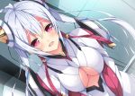  1girl blush breasts long_hair matoi_(pso2) mikoto_cluster milkpanda open_mouth phantasy_star phantasy_star_online_2 pink_eyes silver_hair solo twintails under_boob 