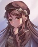  1girl backlighting bangs beret blush bow brown brown_eyes brown_hair brown_hat closed_mouth eyebrows eyebrows_visible_through_hair eyelashes hair_between_eyes hair_ornament hat hat_bow long_hair long_sleeves looking_at_viewer love_live! love_live!_sunshine!! miazi plaid sakurauchi_riko smile solo upper_body 