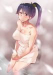  1girl bare_shoulders black_hair blue_eyes breasts erect_nipples houshou_(kantai_collection) kantai_collection kunifuto long_hair looking_at_viewer naked_towel onsen ponytail sitting smile solo towel 