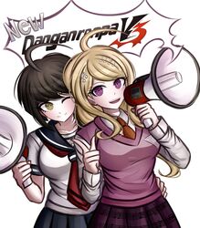  ;) ahoge akamatsu_kaede beamed_quavers blonde_hair blush copyright_name cowboy_shot dangan_ronpa eyelashes green_eyes green_hair highres kurokku-tokei megaphone musical_note naegi_komaru necktie new_dangan_ronpa_v3 one_eye_closed pointing quaver red_necktie school_uniform semiquaver serafuku simple_background skirt smile violet_eyes waist_grab white_background zettai_zetsubou_shoujo 