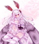  1girl alinafoxglove blush breasts female fur gradient gradient_background highres index_finger_raised insect_girl insect_wings long_hair looking_at_viewer monster_girl monster_girl_encyclopedia moth_girl mothman_(monster_girl_encyclopedia) navel red_eyes smile solo white_background white_hair wings 
