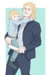  2boys blonde_hair braid carrying child dio_brando earrings father_and_son giorno_giovanna green_eyes jacket jewelry jgioism jojo_no_kimyou_na_bouken male_focus multiple_boys orange_eyes single_braid younger 