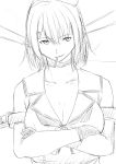  1girl arm_strap beret breasts choker cleavage collarbone commentary_request crossed_arms gloves grin hat headgear highres kantai_collection large_breasts maya_(kantai_collection) monochrome neckerchief niwatazumi shirt short_hair sketch sleeveless sleeveless_shirt smile solo upper_body white_background 