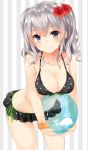  1girl absurdres ball beachball bikini breasts flower grey_eyes hair_flower hair_ornament highres kantai_collection kashima_(kantai_collection) leaning_forward long_hair note_(aoiro_clip) polka_dot polka_dot_bikini silver_hair smile solo swimsuit twintails wavy_hair 