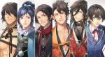  6+boys black_hair blonde_hair blue_eyes braid brown_hair column_lineup earrings facial_hair hair_over_one_eye horikawa_kunihiro izumi-no-kami_kanesada japanese_clothes jewelry kashuu_kiyomitsu male_focus mole mole_under_eye mole_under_mouth multicolored_hair multiple_boys mutsu-no-kami_yoshiyuki nagasone_kotetsu okki2012 open_mouth ponytail red_eyes scarf side_braid smile stubble stud_earrings touken_ranbu two-tone_hair yamato-no-kami_yasusada yellow_eyes 