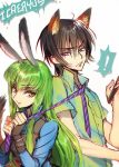  ! 1boy 1girl animal_ears black_hair c.c. code_geass creayus disney fox_ears gloves green_hair judy_hopps judy_hopps_(cosplay) lelouch_lamperouge long_hair necktie nick_wilde nick_wilde_(cosplay) rabbit_ears short_hair smile violet_eyes yellow_eyes zootopia 