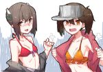  2girls :d bikini blush breasts brown_hair highres jacket kantai_collection looking_at_viewer multiple_girls navel off_shoulder open_mouth orange_background red_bikini ryuujou_(kantai_collection) shikigami small_breasts smile swimsuit taihou_(kantai_collection) twintails visor_cap wulazula yellow_eyes 