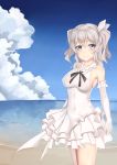 1girl bare_shoulders beach black_bow black_bowtie blue_eyes blue_sky blush bow bowtie breasts clouds dress elbow_gloves frilled_dress frills gloves grey_hair hair_ribbon halterneck kantai_collection kashima_(kantai_collection) large_breasts navel ocean ribbon rure sky smile solo standing twintails white_dress white_gloves white_ribbon 