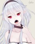  1girl breasts bush camisole choker choker_tug collarbone eyebrows eyebrows_visible_through_hair fangs hair_between_eyes hairband highres kiyomin long_hair looking_at_viewer open_mouth original pointy_ears red_eyes silver_hair simple_background small_breasts solo stitches strap_slip vampire 