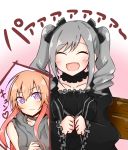  2girls ^_^ ^o^ black_bow black_ribbon bow choker closed_eyes collarbone commentary_request drill_hair eyebrows eyebrows_visible_through_hair frilled_choker frills grey_hair hair_between_eyes hair_bow hair_ribbon idolmaster idolmaster_cinderella_girls kanzaki_ranko lolita_fashion long_hair long_sleeves multiple_girls ninomiya_asuka open_mouth orange_hair ribbon tochika_sukiyami twin_drills violet_eyes 