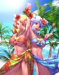  2girls beach blonde_hair blue_eyes blue_hair blue_skirt breasts cure_sunset cure_wave double_bun earrings flower hair_flower hair_ornament hand_holding happinesscharge_precure! harihisa highres interlocked_fingers jewelry large_breasts lips long_hair magical_girl multiple_girls navel ohana_(happinesscharge_precure!) open_mouth orange_hair orina_(happinesscharge_precure!) outdoors palm_tree precure sarong skirt smile swimsuit tan tree under_boob water 