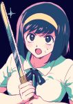  1girl bow bowtie brown_hair devilman makimura_miki open_mouth saw_blade school_uniform short_hair solo sweatdrop upper_body weapon 