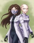  1girl bald brown_hair claws dual_persona female long_hair looking_at_viewer mask monster_girl original simple_background trench_coat yellow_eyes 