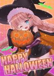  blue_eyes braid brown_hair happy_halloween hat looking_at_viewer mahou_shoujo_ikusei_keikaku okazaki_beru one_eye_closed pumpkin top_speed twin_braids witch_hat 