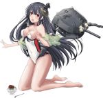  1girl bare_shoulders barefoot bikini black_hair breasts broken covered_navel food frilled_swimsuit frills fusou_(kantai_collection) hair_ornament headgear kantai_collection kneeling long_hair looking_at_viewer machinery official_art one-piece_swimsuit open_mouth red_eyes rikka_(rikka331) solo spoon swimsuit torn_clothes torn_swimsuit transparent_background turret very_long_hair 