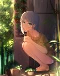  1girl bare_legs barefoot brown_eyes brown_hair door expressionless highres legs original osward91 panties plant potted_plant short_hair solo squatting sweater underwear white_panties 
