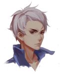  1boy blue_shirt brown_eyes collarbone face korol looking_at_viewer lowres overwatch scar shirt short_hair simple_background soldier:_76_(overwatch) white_background white_hair younger 