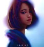  1girl artist_name blue_eyes blurry blush brown_hair depth_of_field expressionless gradient gradient_background looking_at_viewer numyumy original portrait red_lips short_hair simple_background solo 