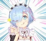  1girl baka_(080127) blue_eyes blue_hair detached_sleeves dress hair_ornament hair_over_one_eye hair_ribbon headdress looking_at_viewer maid one_eye_closed re:zero_kara_hajimeru_isekai_seikatsu rem_(re:zero) ribbon short_hair simple_background smile solo tongue wink x_hair_ornament 