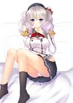  1girl 2016 absurdres artist_name black_legwear black_skirt blue_eyes blush breasts dated highres kantai_collection kashima_(kantai_collection) long_hair looking_at_viewer lying on_back panties pleated_skirt signature silver_hair skirt smile socks solo twintails underwear white_panties xuanwo_kaka 
