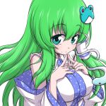  1girl breasts detached_sleeves eyebrows eyebrows_visible_through_hair frog_hair_ornament green_eyes green_hair hair_ornament hanya_(hanya_yashiki) kochiya_sanae large_breasts long_hair looking_at_viewer simple_background sketch smile snake_hair_ornament solo steepled_fingers touhou white_background 