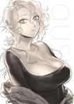  1girl black_shirt breasts cleavage collarbone female hair_between_eyes large_breasts long_hair looking_at_viewer messy_hair monochrome muni_(fdrk) original parted_lips shirt sketch solo upper_body white_background 